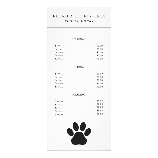 Carte de tarification des services d'impression de (Devant)