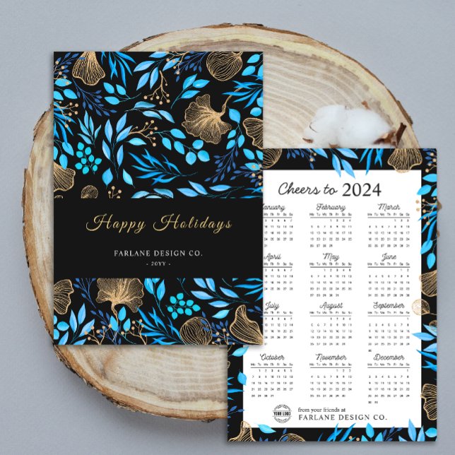 Carte de vacances 2024 Calendrier Logo d'entrepris (2024 Calendar Floral Business Logo Holiday Card)