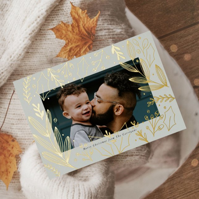 Carte de vacances à feuilles dorées et feuillage g (Guilded Foiliage Photo Gold Foil Holiday Card)