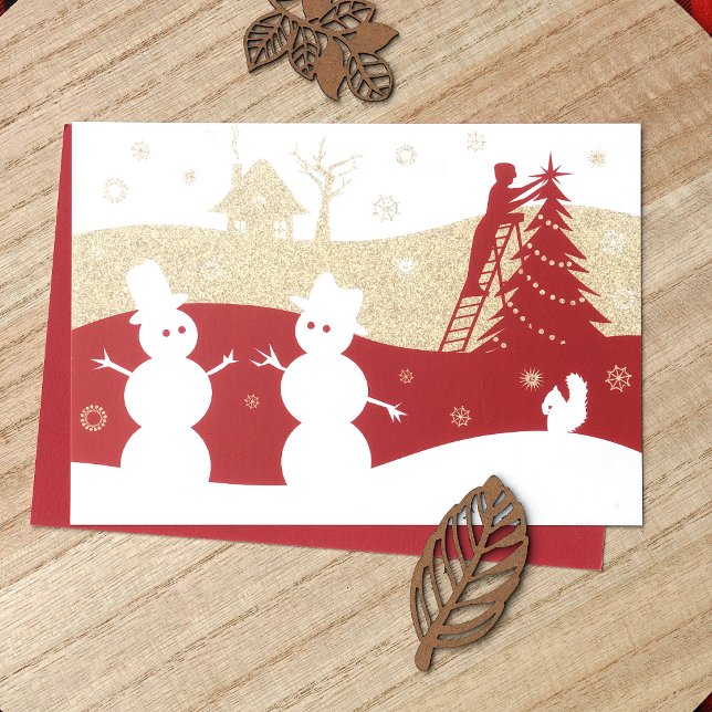 Carte de vacances Bourgogne & Gold Snowmen (Rustic Burgundy, Red, Gold Company Holiday Christmas Cards, Snow Village Snowmen)