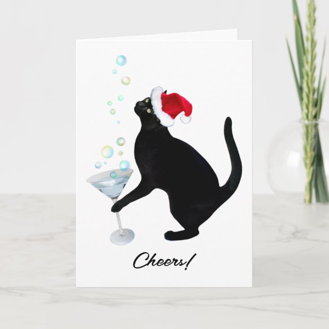 Carte de vacances Chat Noir Buvant un Martini (Devant)