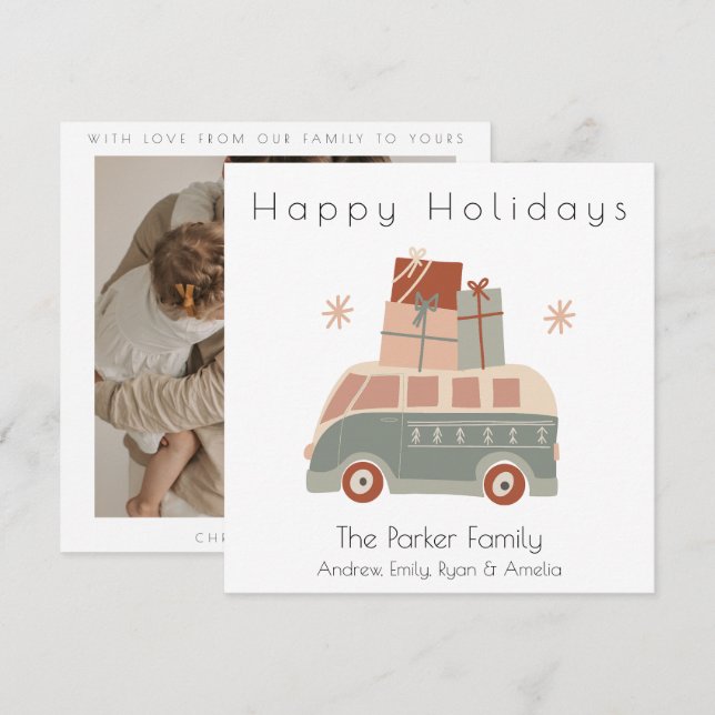 Carte de vacances Christmas Van Flat (Devant / Derrière)