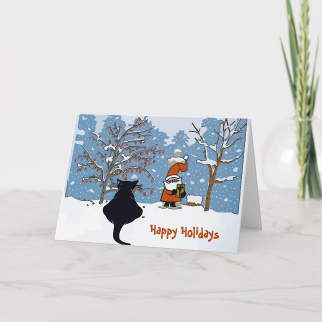 Carte de vacances de Cat Watching Père Noël (Devant)