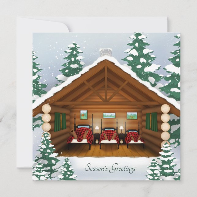 Carte de vacances de famille d'ours dans un chalet (Devant)