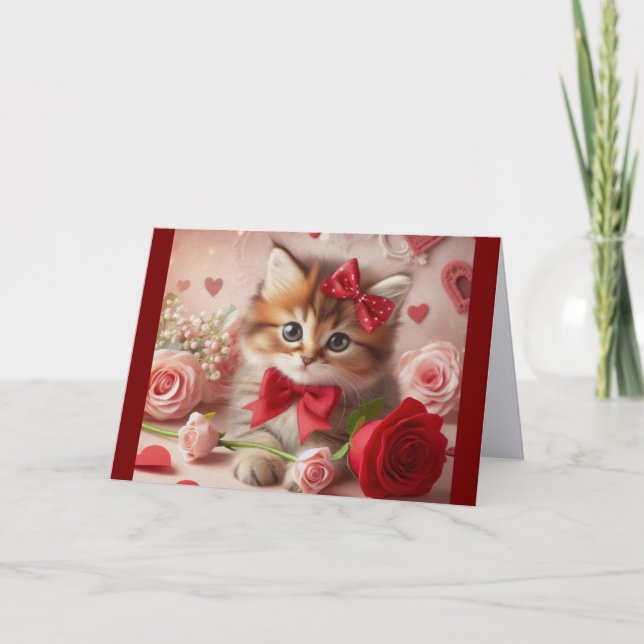 Carte de vacances de kitten avec des roses et des  (Devant)