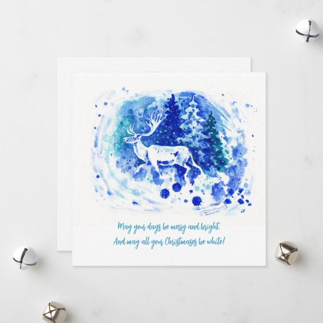 Carte de vacances de Noël Cerf Rennes Hiver Blanc (Devant/Arrière en situation)