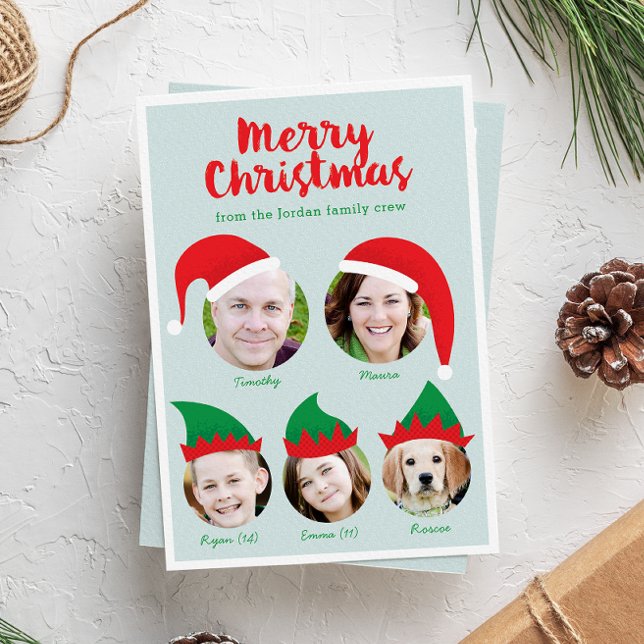 Carte de vacances de Noël de la famille de cinq me (folded funny Christmas holiday five photo card with Santa and elf hats on each family member)