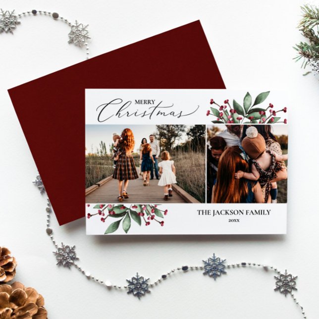 Carte de vacances de Noël Photo de verdure rouge J (Créateur téléchargé)