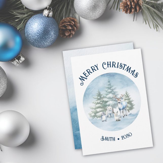 Carte de vacances de Noël pour animaux de bois (Woodland Animal Flat Christmas card, blue and white watercolor with white background)