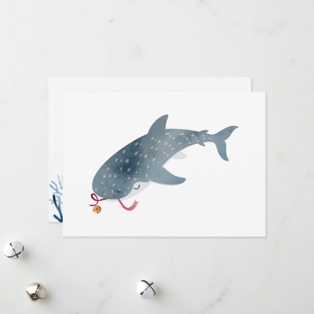Carte de vacances de Noël requin baleine aquarelle (Devant/Arrière en situation)