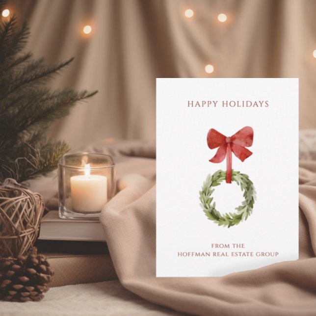 Carte de vacances de Noël Wreath Red Bow Corporate (Créateur téléchargé)