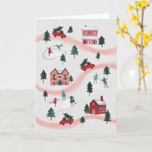 Carte de vacances de village hivernal à l'aquarell