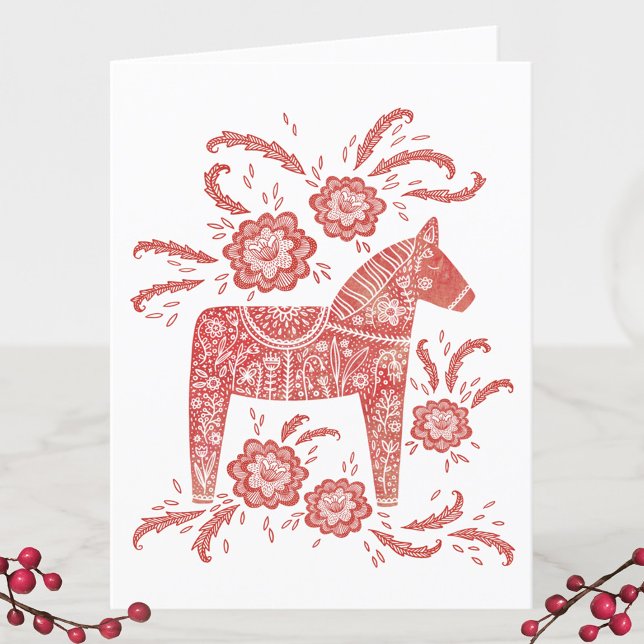 Carte de vacances du Cheval de Dieu Jul Dala (Swedish Dala Horse personalized red and white God Jul holiday card)