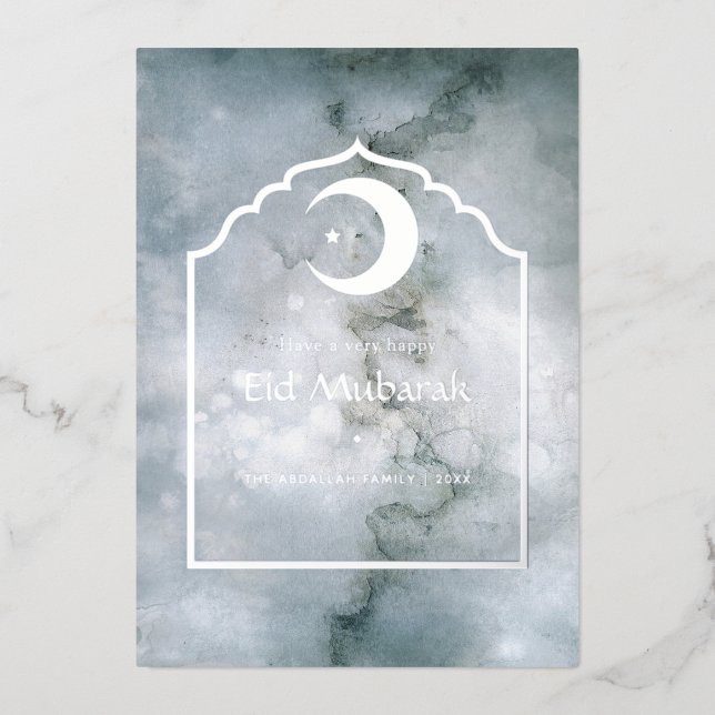 Carte de vacances en marbre argenté Eid Mubarak (Recto)