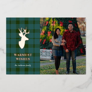 Carte de vacances Green Plaid et Rose Gold Deer Fo