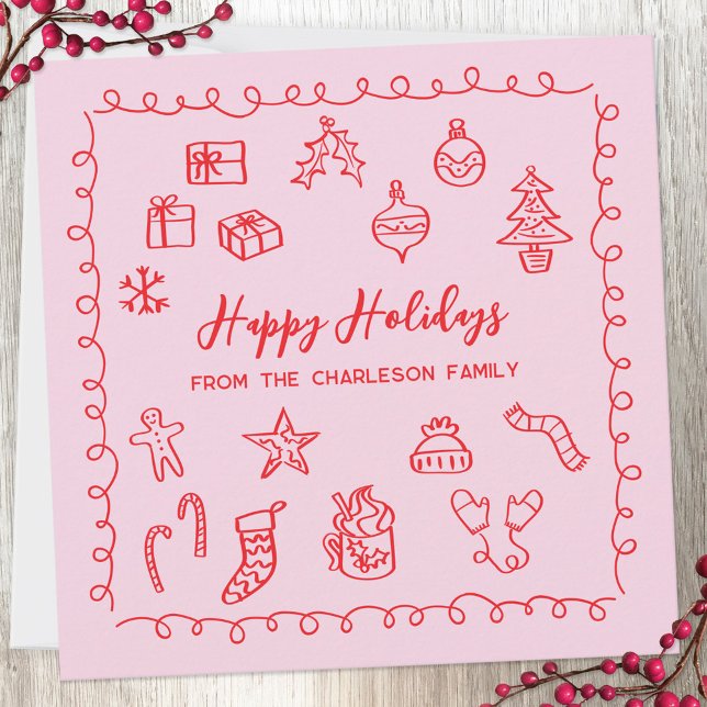 Carte de vacances gribouillée rouge et rose (Fun scribble doodle personalized Christmas holiday card)