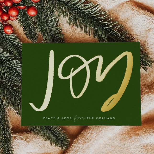Carte de vacances Joy Gold Foil à la main verte (Hand-Lettered Joy gold foiled on a festive green holiday card)