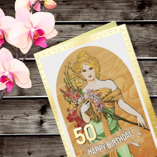 Carte De Vacances Métallisée 50e Anniversaire, Déesse du Printemps, Mucha, Art