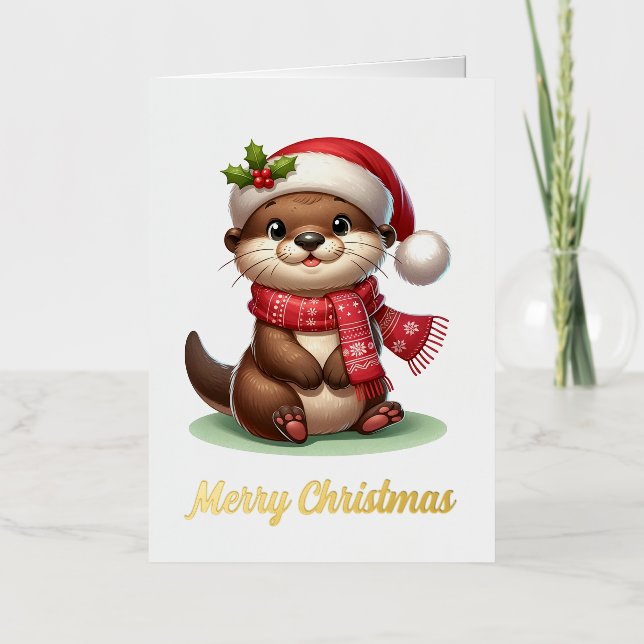 Carte De Vacances Métallisée adorable Otter de Noël (Recto)