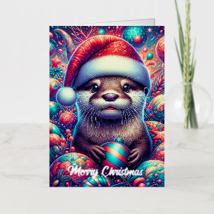 Carte De Vacances Métallisée Adorable Otter de Noël Festif