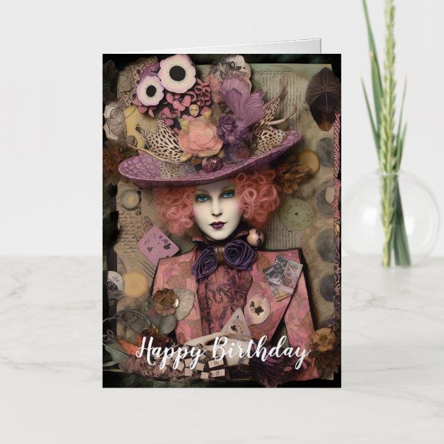 Carte De Vacances Métallisée Alice dans un joli anniversaire casquette (Recto)