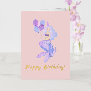 Carte De Vacances Métallisée Anniversaire de Sirène Rose Pêche
