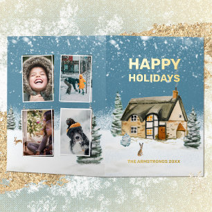 Carte De Vacances Métallisée Aquarelle d'hiver Foyer Photo de famille