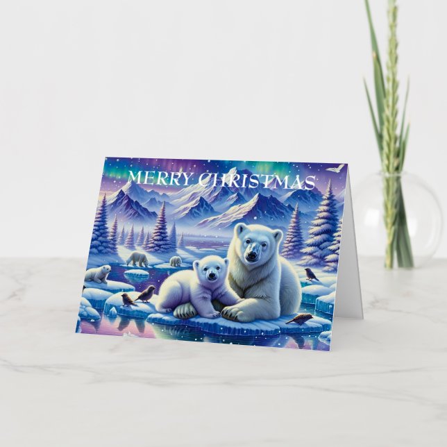 Carte De Vacances Métallisée Aquarelle maman et bébé Polar Ours Noël (Recto)