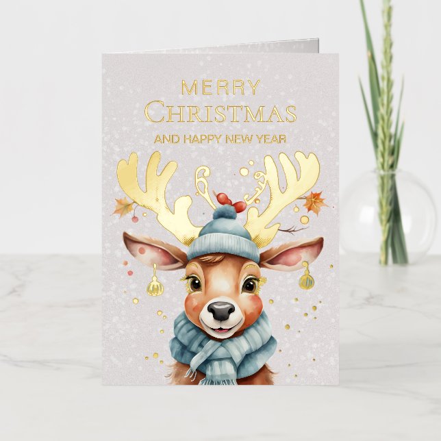 Carte De Vacances Métallisée Aquarelle mignonne Whimsical Christmas Reindeer Go (Recto)