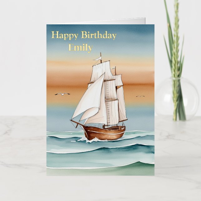 Carte De Vacances Métallisée Bateau à voile à Dawn Joyeux anniversaire (Recto)