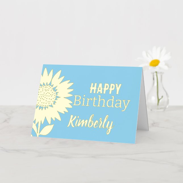 Carte De Vacances Métallisée Bleu Joyeux Anniversaire Tournesol Nom personnalis (Petite fleur)