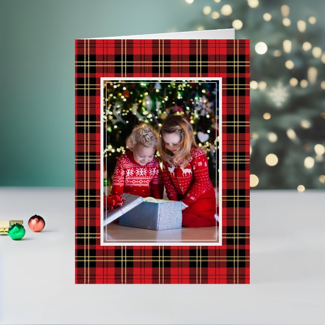 Carte De Vacances Métallisée Buffalo Plaid Photo Joyeux Noël Or (Vacances In Situ 2)