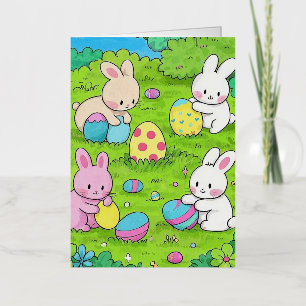 Carte De Vacances Métallisée Cartoon lapins de Pâques et oeufs colorés