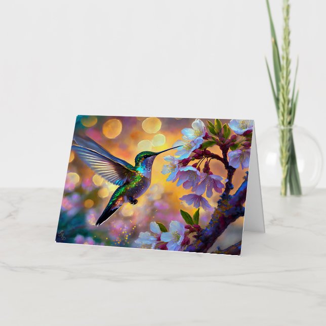 Carte De Vacances Métallisée Cerisier Imaginaire Sunrise Hummingbird  (Recto)