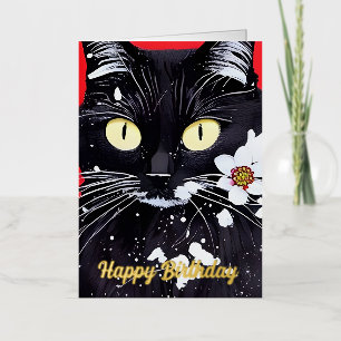 Carte De Vacances Métallisée Chat Noir Avec Fleurs Blanches Anniversaire