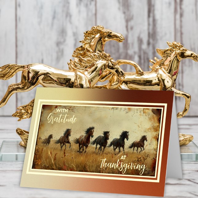 Carte De Vacances Métallisée Chevaux Sauvages Avec Gratitude Thanksgiving (Créateur téléchargé)