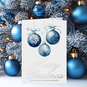 Carte De Vacances Métallisée Chic Bleu Joyeux Ornement de Noël Entreprise Argen