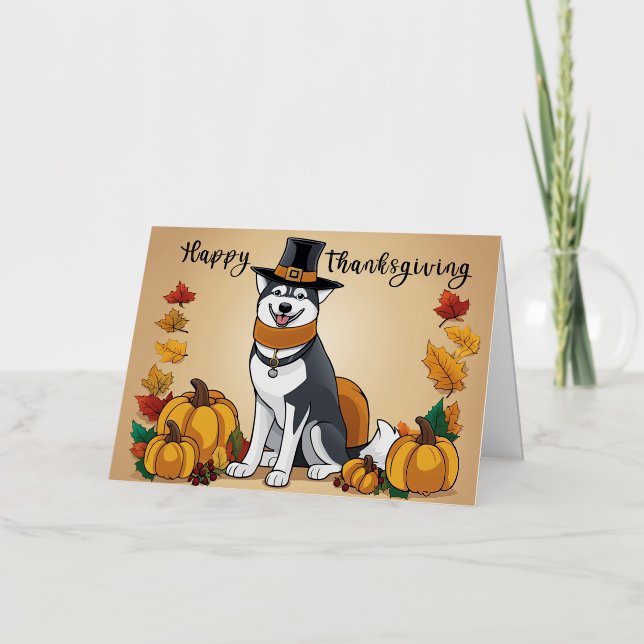 Carte De Vacances Métallisée Chien Husky en Casquette pèlerin - Bon thanksgivin (Recto)