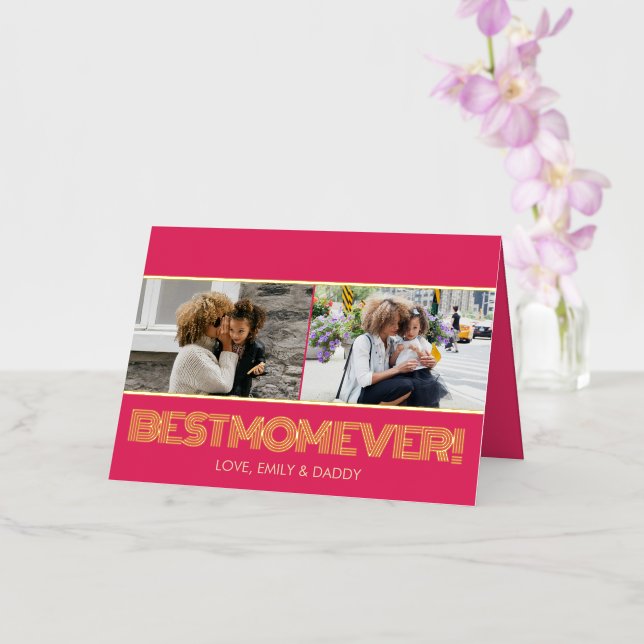 Carte De Vacances Métallisée Classy Bright Pink Meilleure Maman Ever 2 Collage  (Orchidée)
