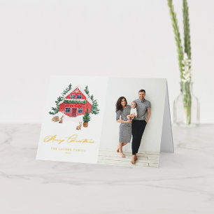 Carte De Vacances Métallisée Cosy Aquarelle Rouge hiver Cottage Joyeux Noël