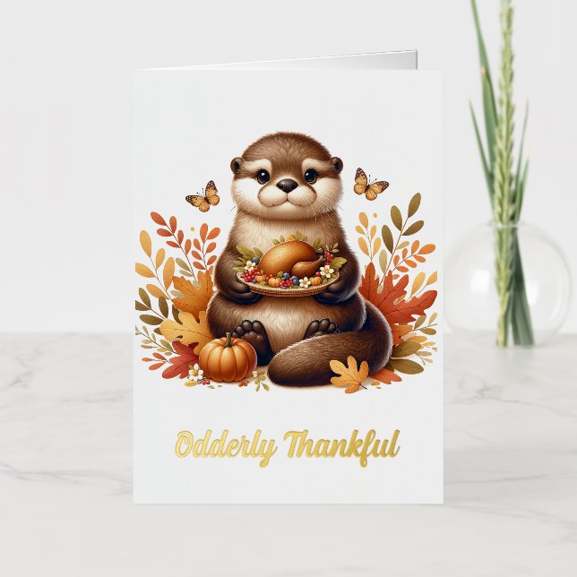 Carte De Vacances Métallisée Cute Otter avec Thanksgiving Foods et Papillons (Recto)