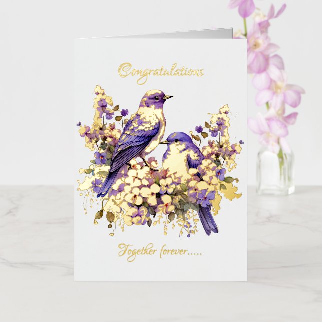 Carte De Vacances Métallisée Deux Bluebirds dans Love Gold Foil Mariage (Orchidée)