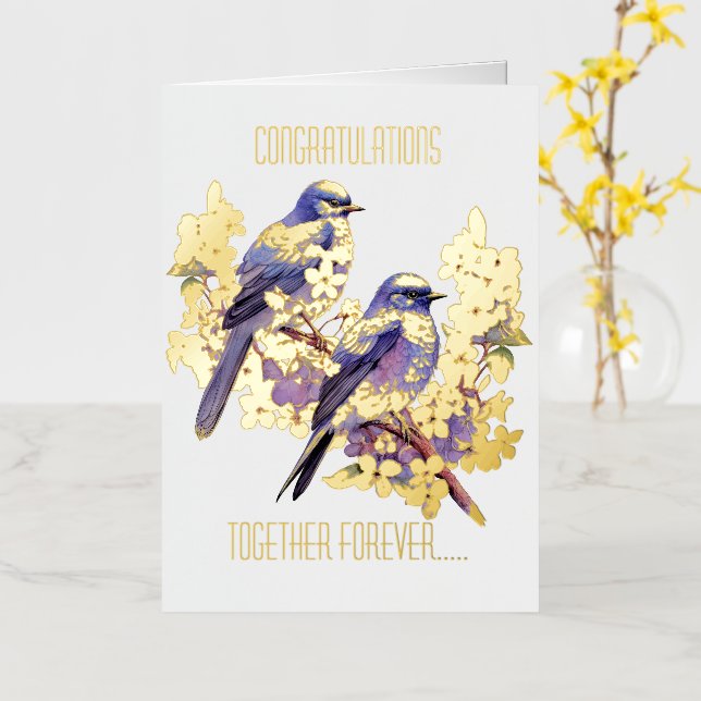 Carte De Vacances Métallisée Deux Bluebirds Love Mariage (Fleur jaune)