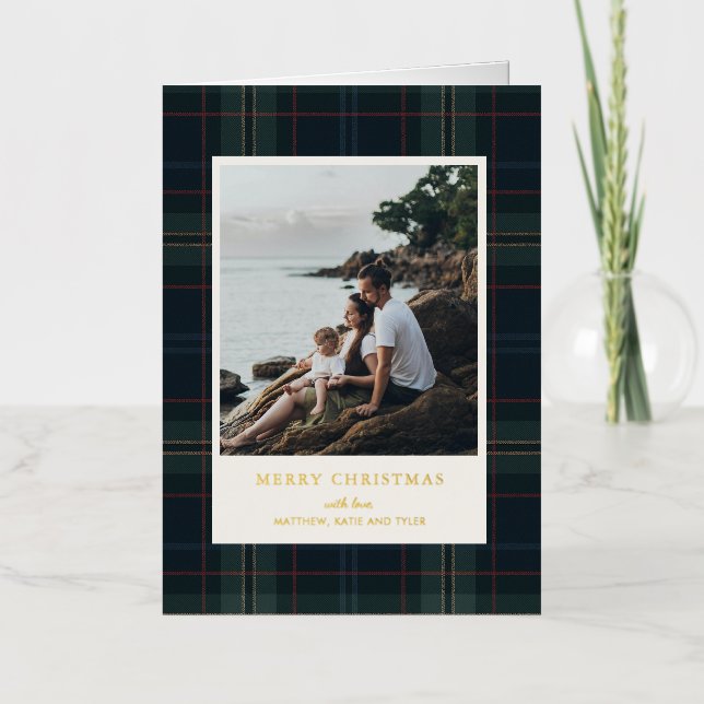 Carte De Vacances Métallisée Élégant bleu marine et vert photo plaid Noël (Recto)
