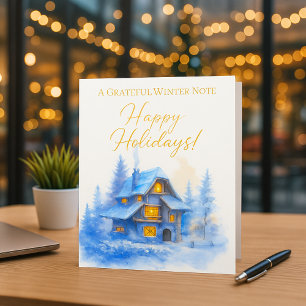 Carte De Vacances Métallisée Entreprise Aquarelle d'hiver Cottage