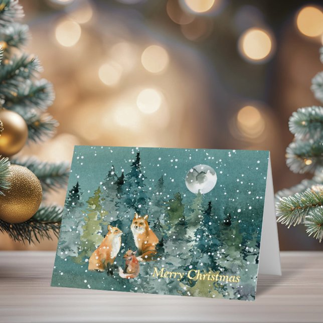 Carte De Vacances Métallisée Famille Fox en forêt Pleine lune neige (Fox Family in Forest Full Moon Snowfall Foil Greeting Card)