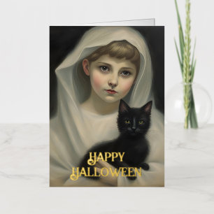 Carte De Vacances Métallisée Fantôme et Halloween de chat noir