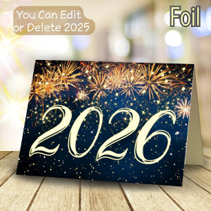 Carte De Vacances Métallisée Fireworks 2026 Joyeux Nouvel An Joyeux Noël Or