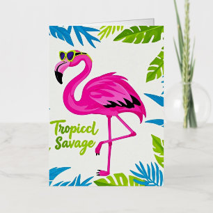 Carte De Vacances Métallisée Flamingo rose Position tropicale sur une jambe