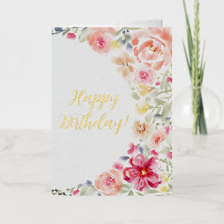 Carte De Vacances Métallisée Fleurs aquarelles modernes avec Joyeux Anniversair